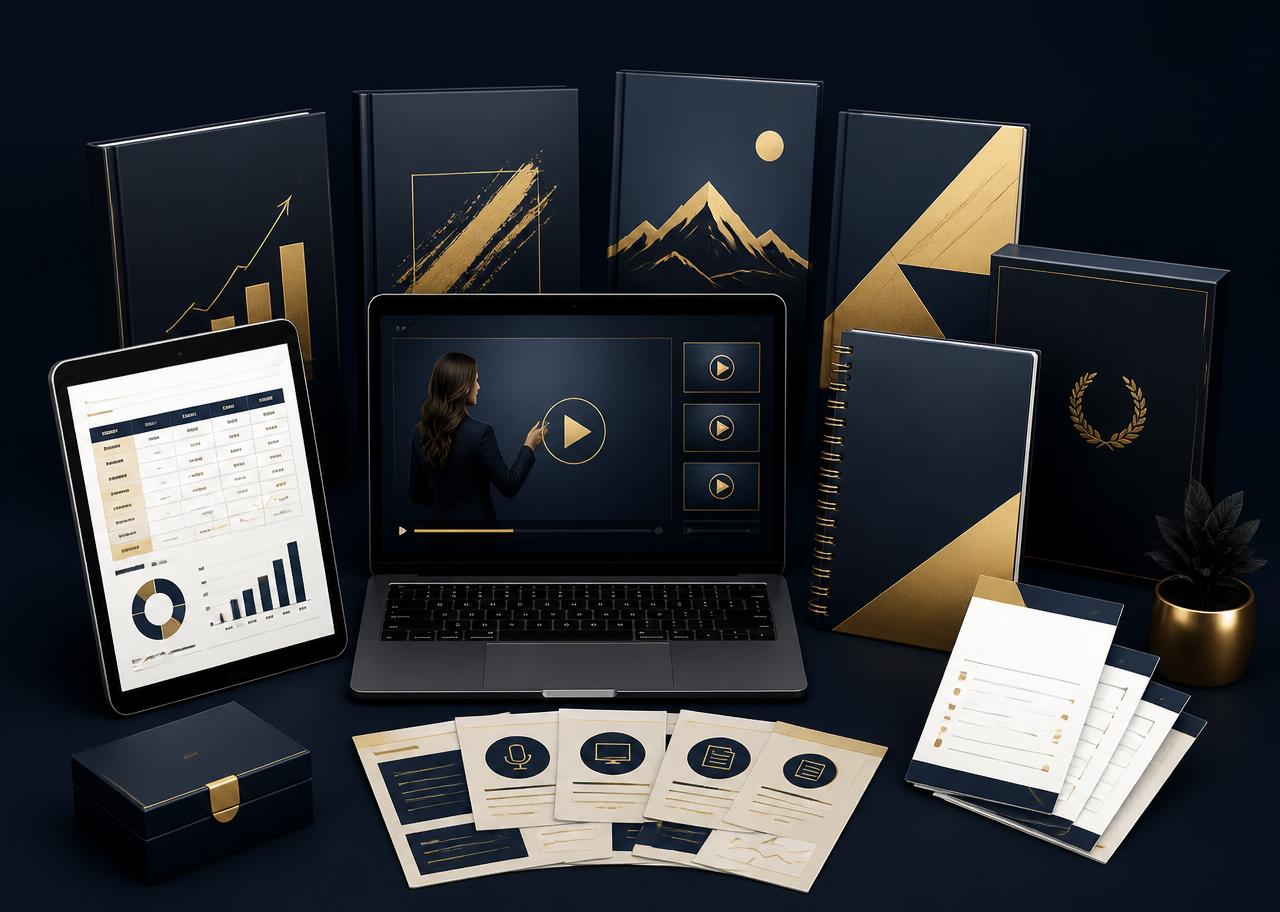 The digital product bundle included: workshop, templates, scripts and trackers